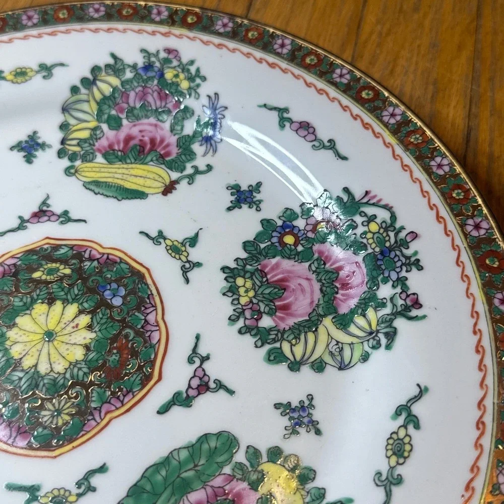 Vintage Hand Painted Chinese Famille Rose Porcelain Plate Gold Rim Floral 10in - Picture 4 of 8